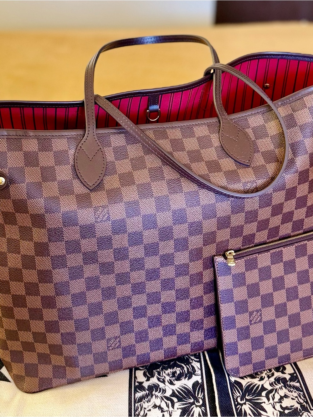 Louis Vuitton Brown Damier Ebene Tote with Pink Interior